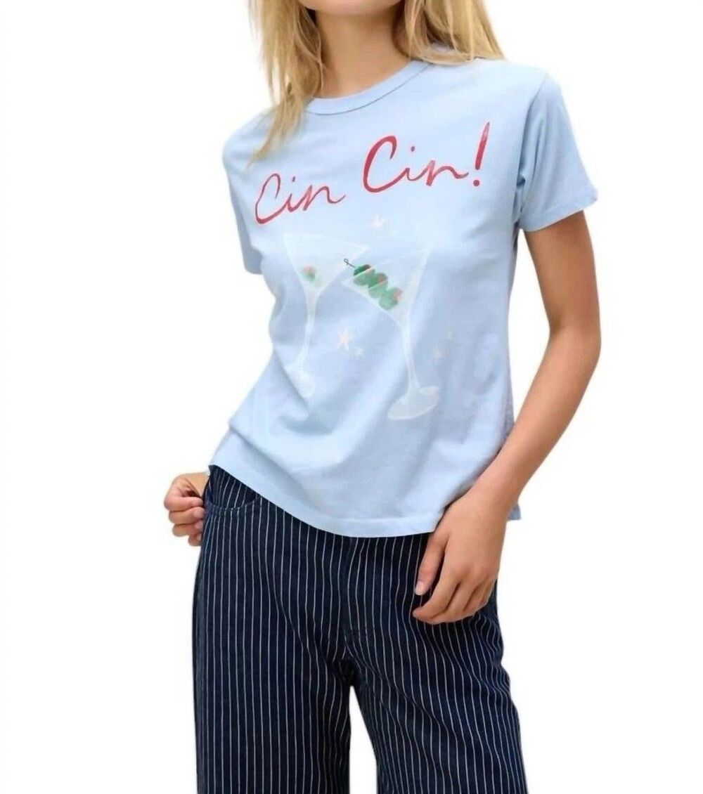Daydreamer Cin Cin Martini Cocktail Graphic T Shirt Light Blue Women's L NWT